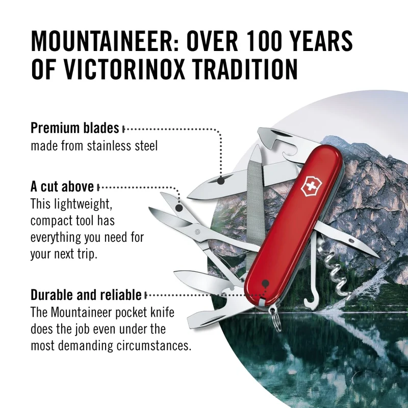 Victorinox Schweizer Taschenmesser, Mountaineer, Multitool, Swiss Army Knife mit 18 Funktionen, Klinge, Korkenzieher, Dosenöffner, Rot