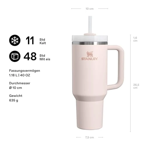 STANLEY 1913 Quencher H2.0 Flowstate Trinkflasche Mit Strohhalm 1.2L - Thermobecher Kühlt 11 Stunden - 48 Stunden Eisgekühlt - Spülmaschinenfest - Thermosflasche BPA Frei - Edelstahl - Rose