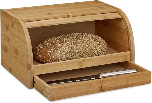 Relaxdays Rollbrotkasten mit Schublade, Bambus, aromadicht, natur