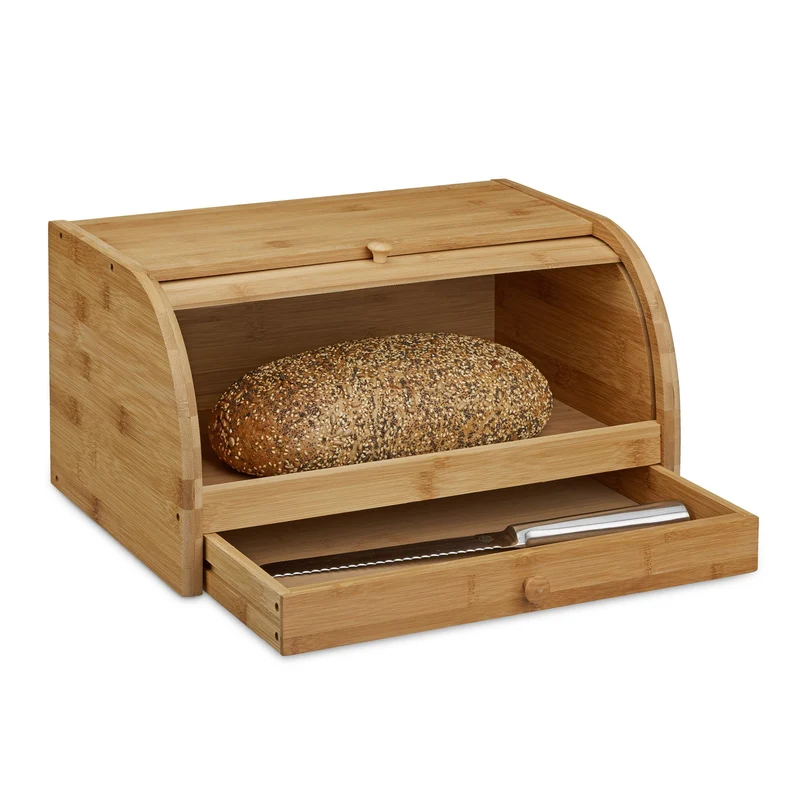 Relaxdays Rollbrotkasten mit Schublade, Bambus, aromadicht, natur