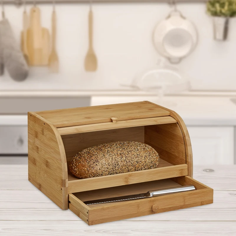 Relaxdays Rollbrotkasten mit Schublade, Bambus, aromadicht, natur