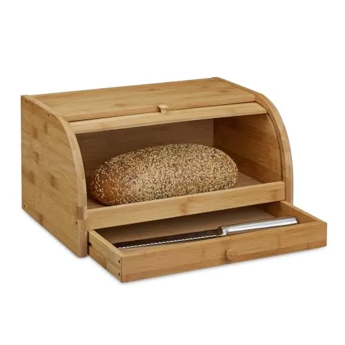 Relaxdays Rollbrotkasten mit Schublade, Bambus, aromadicht, natur