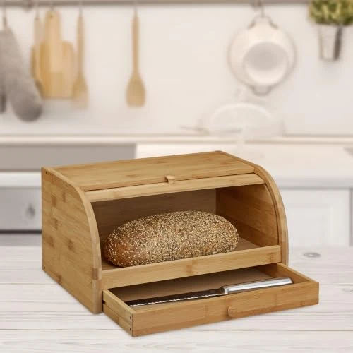 Relaxdays Rollbrotkasten mit Schublade, Bambus, aromadicht, natur