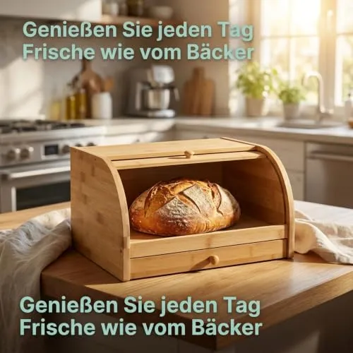 Relaxdays Rollbrotkasten mit Schublade, Bambus, aromadicht, natur