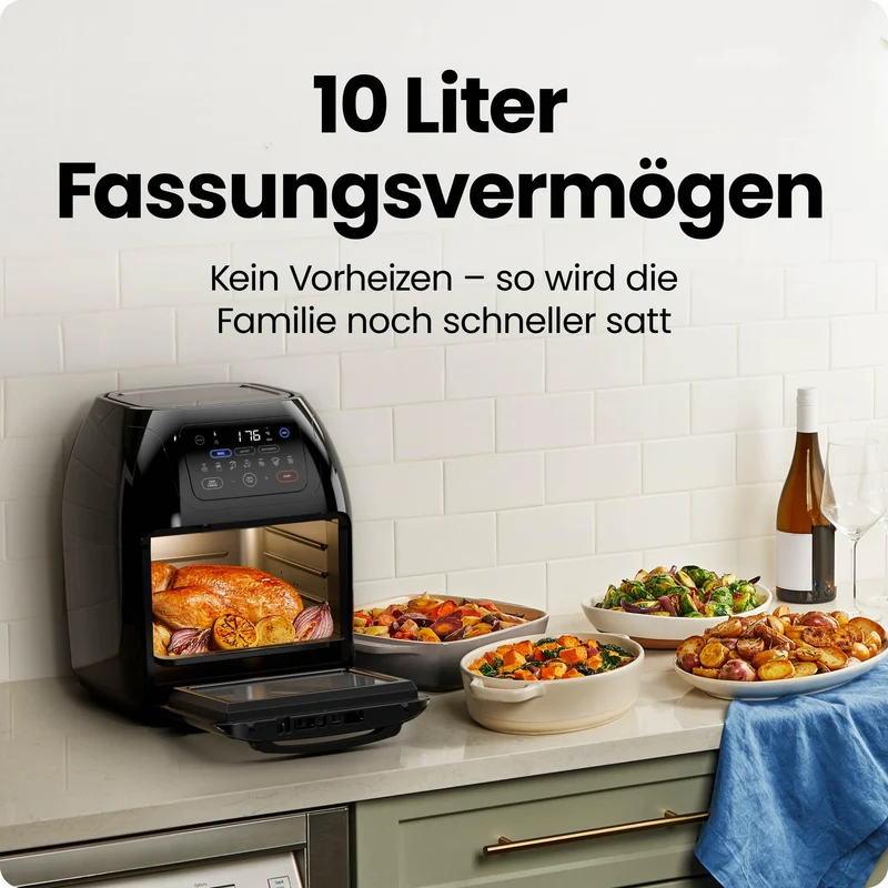 Chefman Multifunktionale Digitale Heißluftfritteuse + Rotisserie, Dörrautomat, Konvektion, 17 Touchscreen-Voreinstellungen, XL 10L Familiengröße, Automatische Abschaltung, Großes Sichtfenster, Schwarz