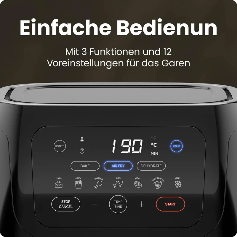 Chefman Multifunktionale Digitale Heißluftfritteuse + Rotisserie, Dörrautomat, Konvektion, 17 Touchscreen-Voreinstellungen, XL 10L Familiengröße, Automatische Abschaltung, Großes Sichtfenster, Schwarz