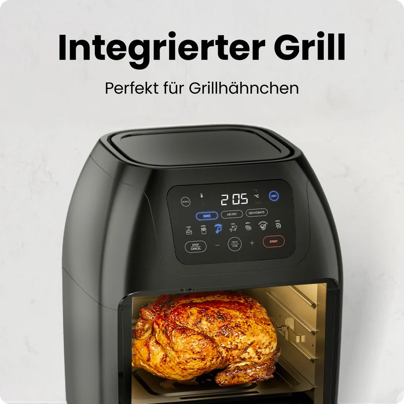 Chefman Multifunktionale Digitale Heißluftfritteuse + Rotisserie, Dörrautomat, Konvektion, 17 Touchscreen-Voreinstellungen, XL 10L Familiengröße, Automatische Abschaltung, Großes Sichtfenster, Schwarz