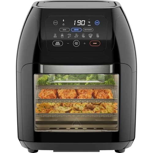 Chefman Multifunktionale Digitale Heißluftfritteuse + Rotisserie, Dörrautomat, Konvektion, 17 Touchscreen-Voreinstellungen, XL 10L Familiengröße, Automatische Abschaltung, Großes Sichtfenster, Schwarz