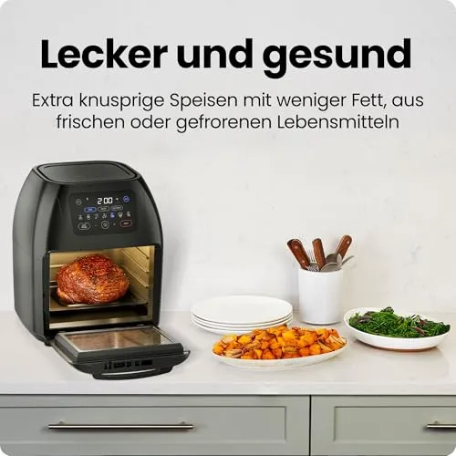 Chefman Multifunktionale Digitale Heißluftfritteuse + Rotisserie, Dörrautomat, Konvektion, 17 Touchscreen-Voreinstellungen, XL 10L Familiengröße, Automatische Abschaltung, Großes Sichtfenster, Schwarz