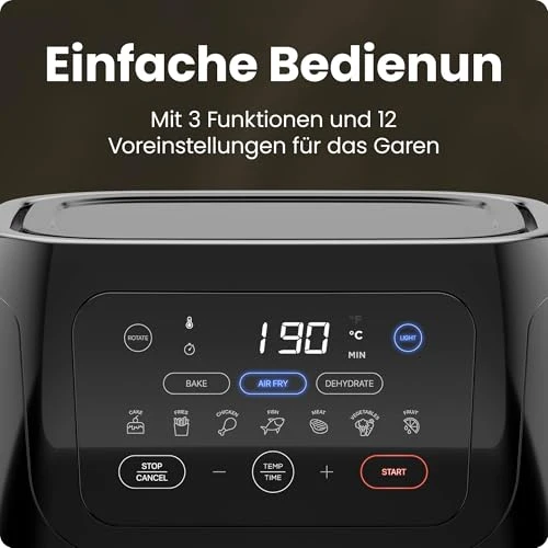 Chefman Multifunktionale Digitale Heißluftfritteuse + Rotisserie, Dörrautomat, Konvektion, 17 Touchscreen-Voreinstellungen, XL 10L Familiengröße, Automatische Abschaltung, Großes Sichtfenster, Schwarz