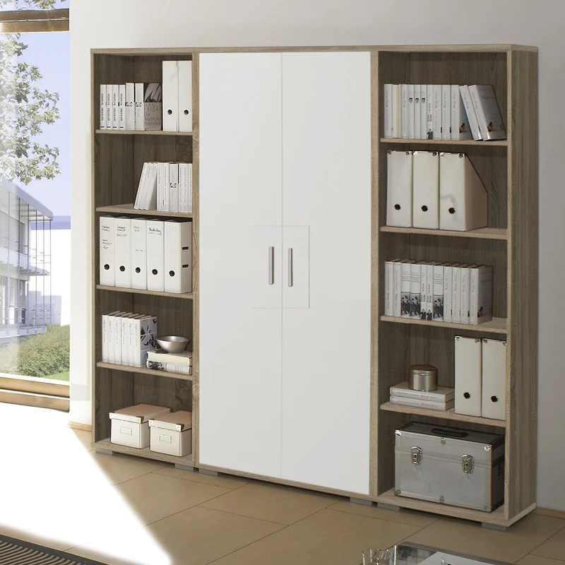 Stella Trading OFFICE LINE Aktenschrank in Eiche Sonoma Optik, Weiß - Hoher Büroschrank mit 2 Türen - Modernes Büromöbel Komplettset - 79 x 186 x 35 cm (B/H/T)