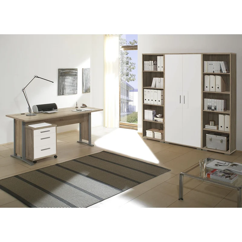 Stella Trading OFFICE LINE Aktenschrank in Eiche Sonoma Optik, Weiß - Hoher Büroschrank mit 2 Türen - Modernes Büromöbel Komplettset - 79 x 186 x 35 cm (B/H/T)