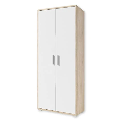 Stella Trading OFFICE LINE Aktenschrank in Eiche Sonoma Optik, Weiß - Hoher Büroschrank mit 2 Türen - Modernes Büromöbel Komplettset - 79 x 186 x 35 cm (B/H/T)