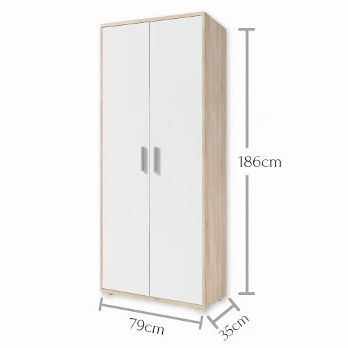 Stella Trading OFFICE LINE Aktenschrank in Eiche Sonoma Optik, Weiß - Hoher Büroschrank mit 2 Türen - Modernes Büromöbel Komplettset - 79 x 186 x 35 cm (B/H/T)