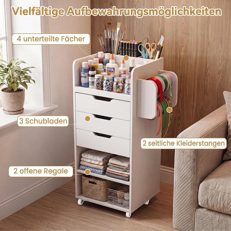 COSTWAY Rollcontainer mit 3 Schubladen, Rollwagen auf Rollen (Weiß)
