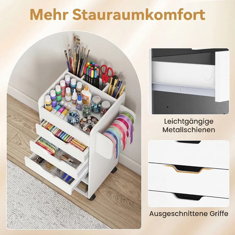 COSTWAY Rollcontainer mit 3 Schubladen, Rollwagen auf Rollen (Weiß)