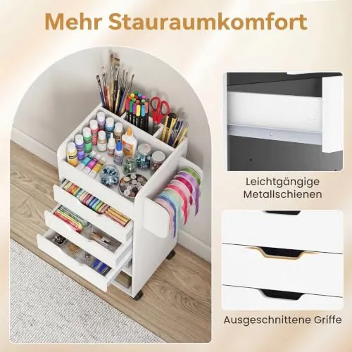 COSTWAY Rollcontainer mit 3 Schubladen, Rollwagen auf Rollen (Weiß)