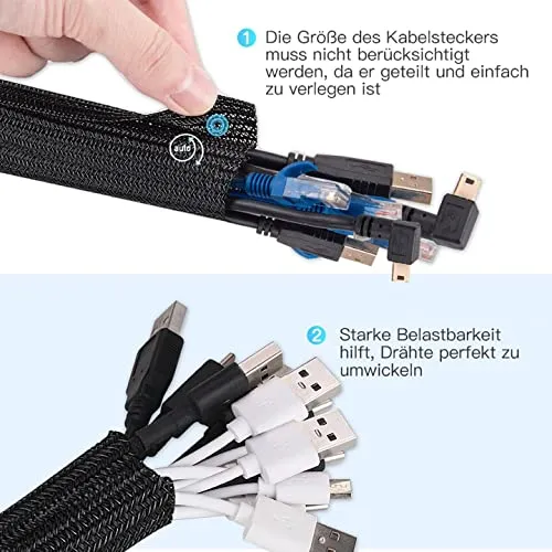 AGPTEK 3m Kabelschlauch, 12-20mm selbstschließend Kabelkanal, Flexibler gewebter Kabelmantel, Kabelmanagement für Schreibtisch, TV, Computer, PC, Kabelschutz für Hund, Katze, Schwarz
