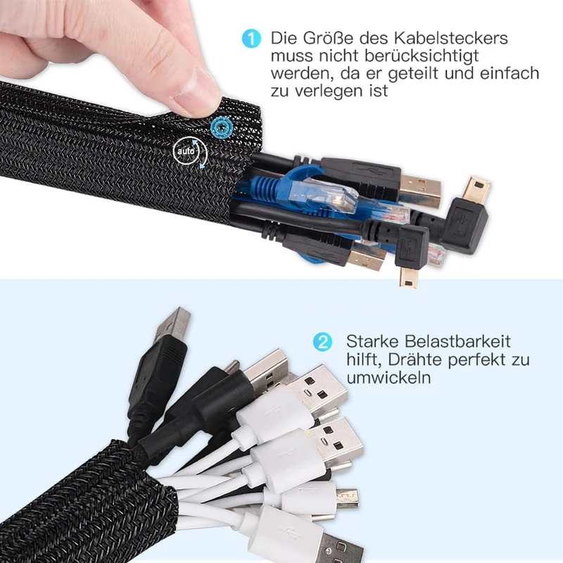 AGPTEK 3m Kabelschlauch, 12-20mm selbstschließend Kabelkanal, Flexibler gewebter Kabelmantel, Kabelmanagement für Schreibtisch, TV, Computer, PC, Kabelschutz für Hund, Katze, Schwarz