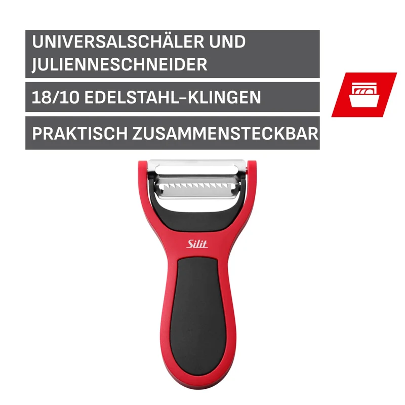 Silit 2in1 Sparschäler 14 cm, Gemüseschäler mit Julienne-Schneider, Edelstahl mattiert, Kunststoff, spülmaschinengeeignet, platzsparend