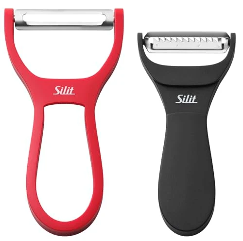 Silit 2in1 Sparschäler 14 cm, Gemüseschäler mit Julienne-Schneider, Edelstahl mattiert, Kunststoff, spülmaschinengeeignet, platzsparend