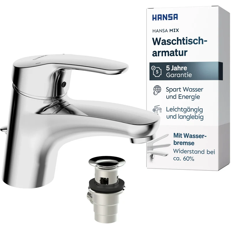 HANSA MIX Waschtischarmatur mit Wasserbremse und Ablaufgarnitur | Chrom