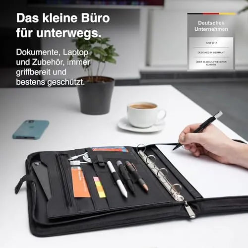 Vebon® Schreibmappe A4 Berlin mit Reißverschluss & Ringbuch, Schwarz