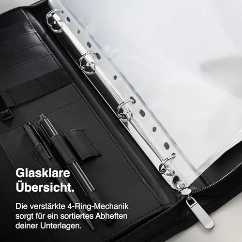 Vebon® Schreibmappe A4 Berlin mit Reißverschluss & Ringbuch, Schwarz