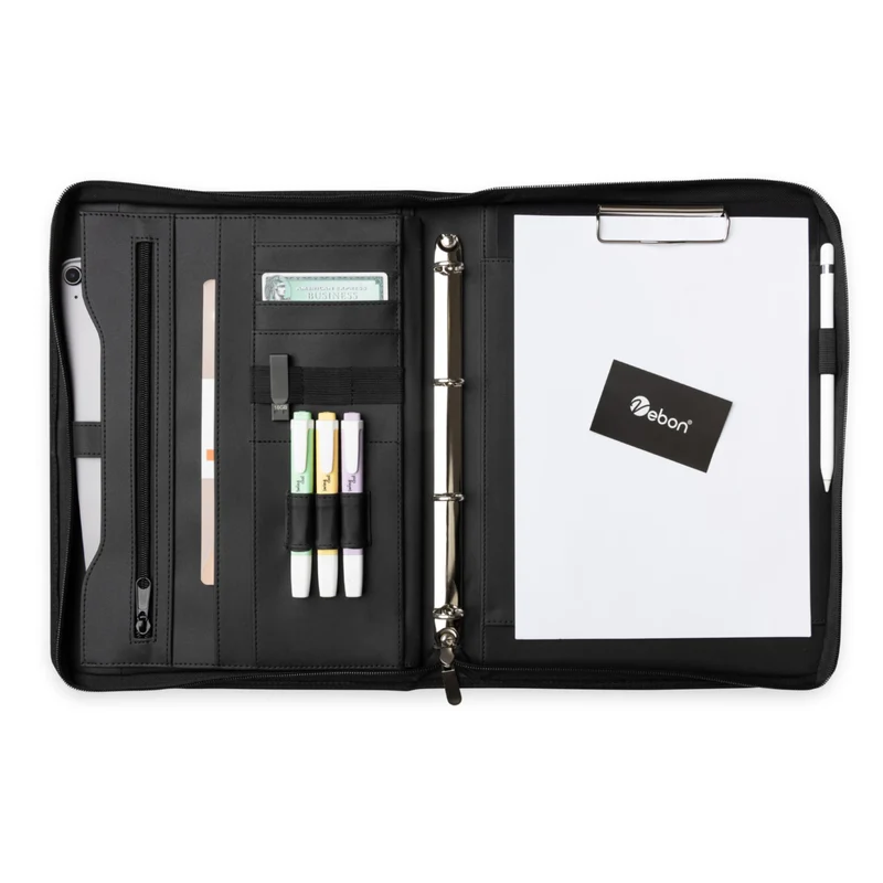 Vebon® Schreibmappe A4 Berlin mit Reißverschluss & Ringbuch, Schwarz