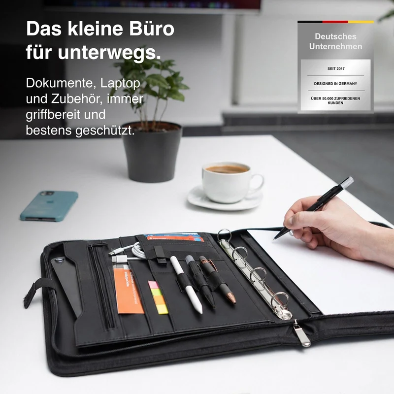 Vebon® Schreibmappe A4 Berlin mit Reißverschluss & Ringbuch, Schwarz