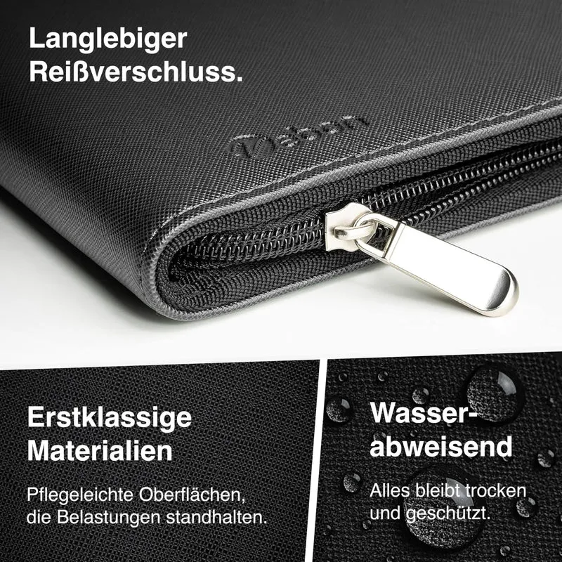 Vebon® Schreibmappe A4 Berlin mit Reißverschluss & Ringbuch, Schwarz