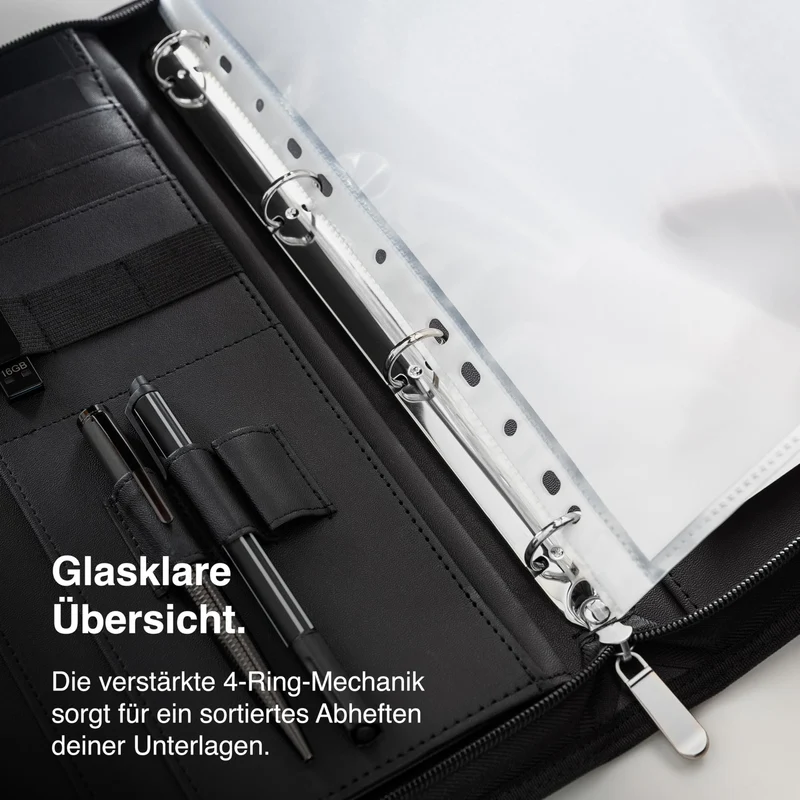 Vebon® Schreibmappe A4 Berlin mit Reißverschluss & Ringbuch, Schwarz