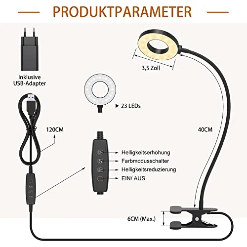 iZELL 23 LED Leselampe Bett Dimmbar -【3 Modi & 10 Helligkeitsstufen】 Augenschutz Klemmlampe mit 40cm Flexiblem Schwanenhal, Buchlampe, Schreibtischlampe mit 10W USB-Ladegerät
