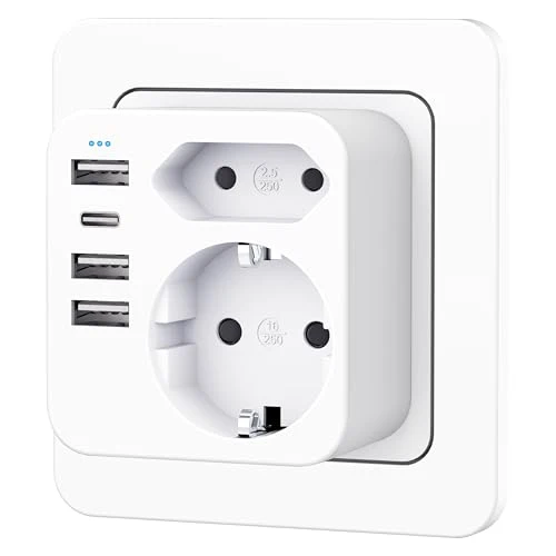Mehrfachsteckdose mit 4 USB Ports, Mehrfachstecker für Steckdose mit 2 Fach Stecker, Steckdosenadapter mit USB C Port, Doppelstecker für USBC Steckdose, Steckdosenleiste