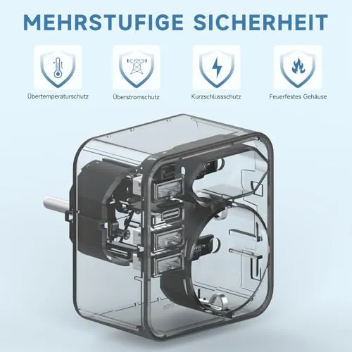 Mehrfachsteckdose mit 4 USB Ports, Mehrfachstecker für Steckdose mit 2 Fach Stecker, Steckdosenadapter mit USB C Port, Doppelstecker für USBC Steckdose, Steckdosenleiste