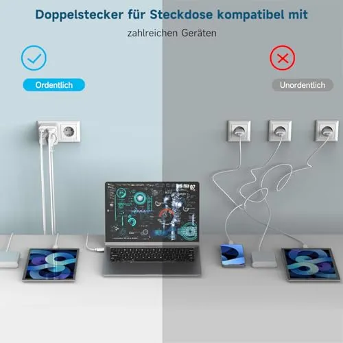 Mehrfachsteckdose mit 4 USB Ports, Mehrfachstecker für Steckdose mit 2 Fach Stecker, Steckdosenadapter mit USB C Port, Doppelstecker für USBC Steckdose, Steckdosenleiste