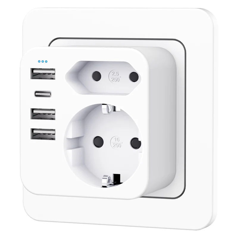 Mehrfachsteckdose mit 4 USB Ports, Mehrfachstecker für Steckdose mit 2 Fach Stecker, Steckdosenadapter mit USB C Port, Doppelstecker für USBC Steckdose, Steckdosenleiste