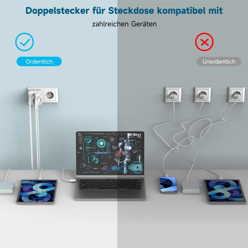Mehrfachsteckdose mit 4 USB Ports, Mehrfachstecker für Steckdose mit 2 Fach Stecker, Steckdosenadapter mit USB C Port, Doppelstecker für USBC Steckdose, Steckdosenleiste