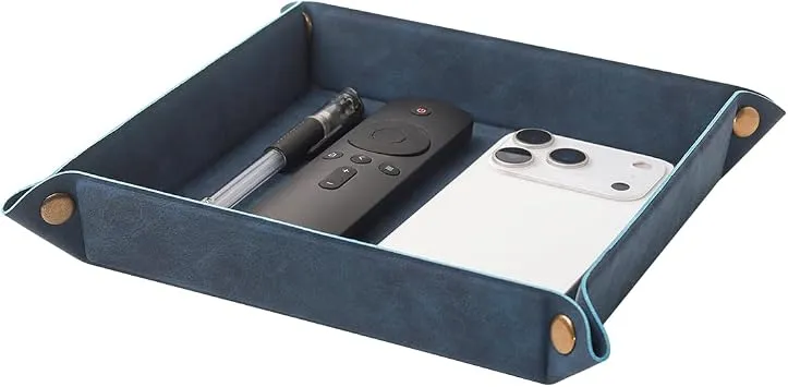 Taschenleerer - Tablett Organizer, Ablage Aufbewahrungsbox, Kunstleder Ablageschale Schlüsselschale für Uhren Handy Schmuck Schlüssel Münzen Geldbörse und Büroausstattung，Blau