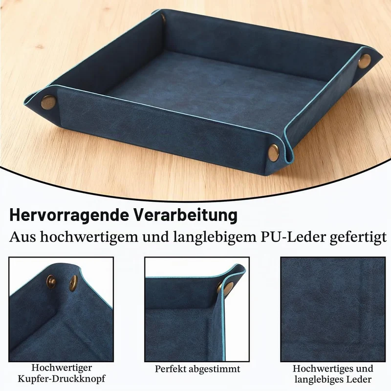 Taschenleerer - Tablett Organizer, Ablage Aufbewahrungsbox, Kunstleder Ablageschale Schlüsselschale für Uhren Handy Schmuck Schlüssel Münzen Geldbörse und Büroausstattung，Blau