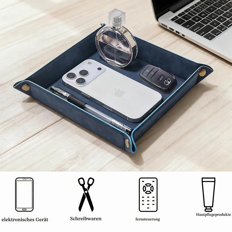 Taschenleerer - Tablett Organizer, Ablage Aufbewahrungsbox, Kunstleder Ablageschale Schlüsselschale für Uhren Handy Schmuck Schlüssel Münzen Geldbörse und Büroausstattung，Blau