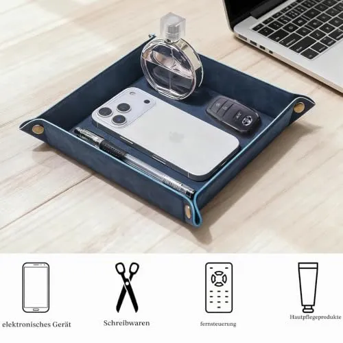 Taschenleerer - Tablett Organizer, Ablage Aufbewahrungsbox, Kunstleder Ablageschale Schlüsselschale für Uhren Handy Schmuck Schlüssel Münzen Geldbörse und Büroausstattung，Blau