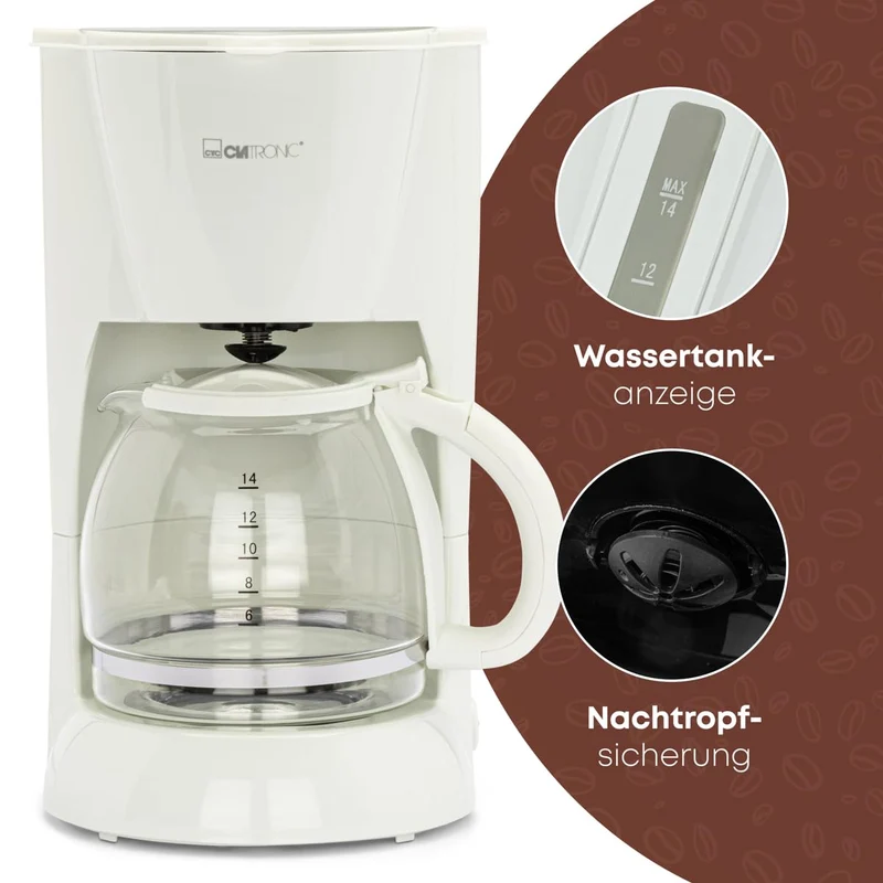 Clatronic® Kaffeemaschine | Kaffeeautomat für 12-14 Tassen (ca. 1,5 Liter) | Filterkaffeemaschine mit Nachtropfsicherung und herausnehmbaren Filtereinsatz | 900W | Coffee Machine KA 3473 weiß