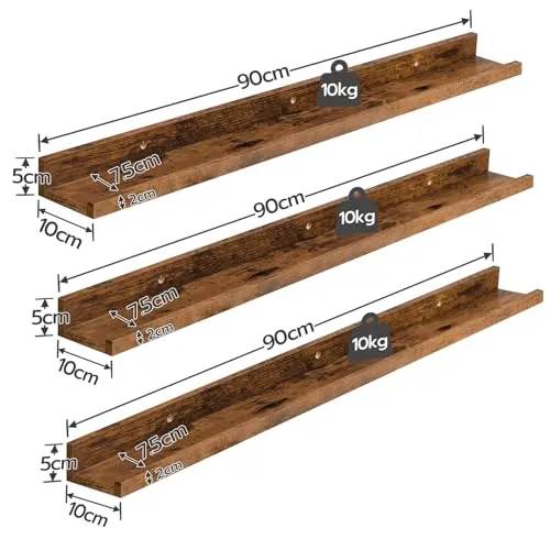 HOOBRO Wandregale, Schweberegale, Regal Wand 3er-Set, 90 cm Hängeregale mit erhöhten Kanten, Regalbrett für Badezimmer, Schlafzimmer, Küche, Büro, Wohnzimmerdekoration, Vintagebraun EBF90BJ01
