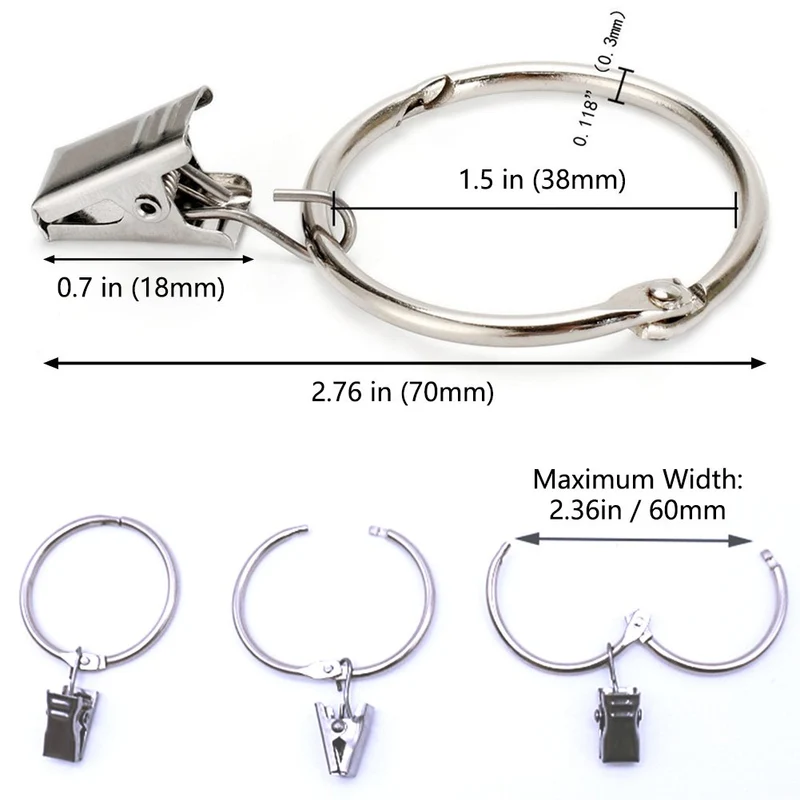 25 Stück Vorhangring mit Clips Haken, Rostfreier Stahl Fenster Gardinen Hängender Ring, Rostfreies Metall, Leicht zu öffnen und Schließen, 38 mm Innendurchmesser (Silber)