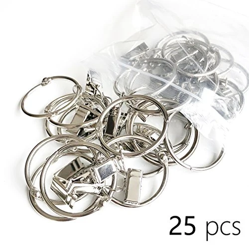 25 Stück Vorhangring mit Clips Haken, Rostfreier Stahl Fenster Gardinen Hängender Ring, Rostfreies Metall, Leicht zu öffnen und Schließen, 38 mm Innendurchmesser (Silber)