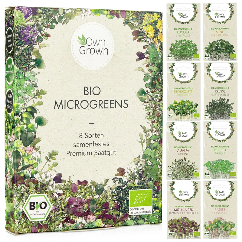 Microgreens Samen Set von OwnGrown - 8 Sorten BIO Sprossen und Mikrogrün Saatgut im Microgreens Starter Set - Alfalfa, Rucola, Kresse für Kresse Anzuchtschalen uvm - Sprossen Samen