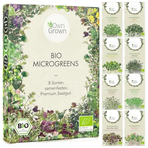 Microgreens Samen Set von OwnGrown - 8 Sorten BIO Sprossen und Mikrogrün Saatgut im Microgreens Starter Set - Alfalfa, Rucola, Kresse für Kresse Anzuchtschalen uvm - Sprossen Samen