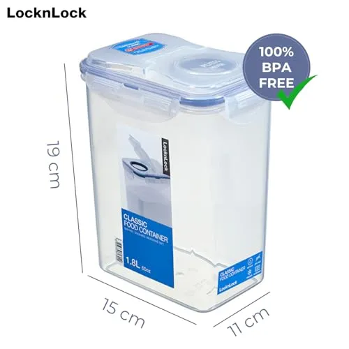 LocknLock PP Classic Schüttdose 1,8L | 15,1 x 10,8 x 19 cm | 100 % Luftdichte Aufbewahrungsbox | Lebensmittelspender für Müsli oder Futter | BPA-freier & spülmaschinenfester Vorratsbehälter
