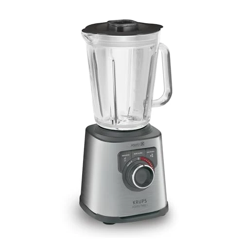 Krups KB403D Perfectmix + Hochleistungsstandmixer, 1.200W, 28.000 UpM, 2L Glasbehälter, 3 voreingestellte Programme, Powelix- Technologie, Edelstahl/Dunkelgrau